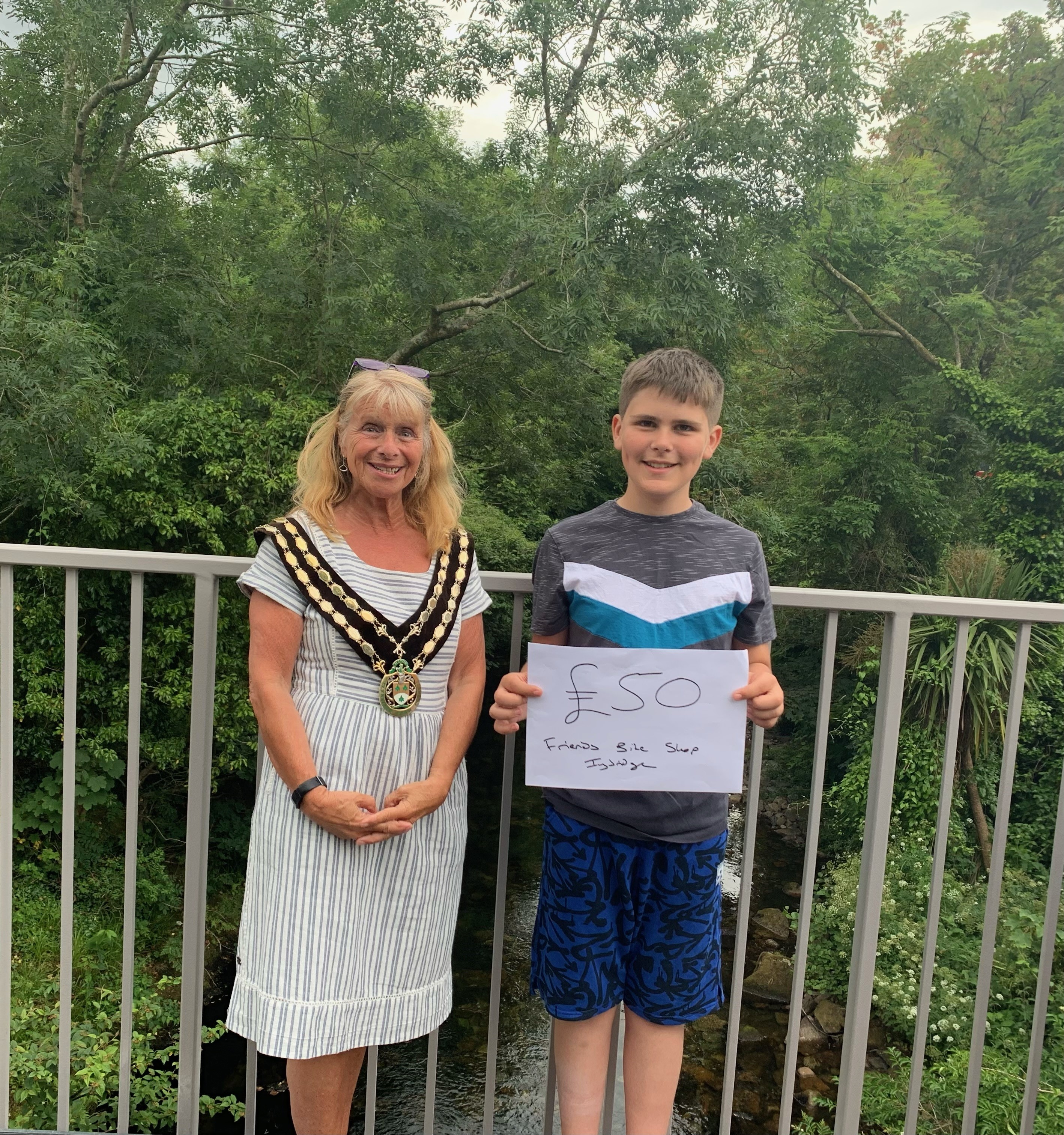 Photo of Max with Mayor on bridge over the River Erme